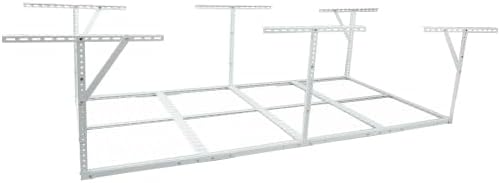 LuckyNote】4x8FT Overhead Garage Storage Rack, Heavy-Duty Metal Garage Ceiling Storage Rack, 22''-40" Adjustable Ceiling Drop-Down, 600 lb. Loading Weight Capacity, White Color