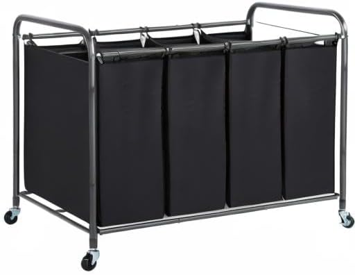 STO STO Laundry Sorter 4 Section, 4 Bag Laundry Hamper, Rolling Laundry Cart, Laundry Basket with Heavy Duty Lockable Wheels and Removable Bag for Clothes Storage, Black