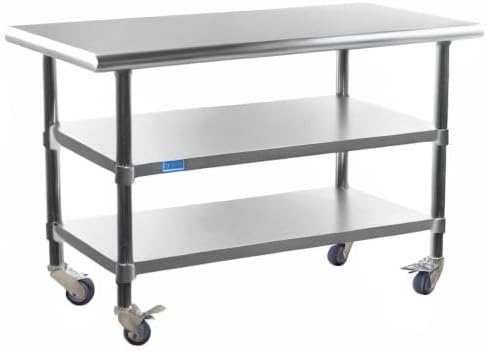 AmGood Stainless Steel Work Table with 2 Shelves and Casters | Metal Utility Table On Wheels (Stainless Steel Work Table with 2 Shelves + Casters, 36" Long x 18" Deep)