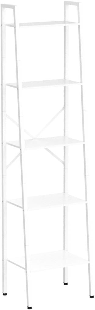 Hoctieon 5-Tier Industrial Ladder Bookshelf, Narrow Ladder Shelf, Tall Standing Bookshelf, Skinny Open Ladder Shelf, for Living Room, Home Office, Kitchen, Bedroom, Metal Frame, White