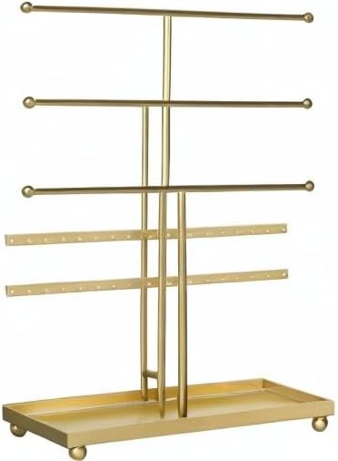MyGift 5-Tier Gold Metal Jewelry Organizer Stand with Earring Hooks & Ring Tray - T-Bar for Tangle-Free Necklace Bracelet Display - Home Store Boutique (16.25" H)