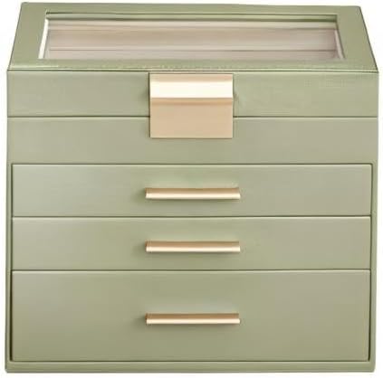 SONGMICS Jewelry Box Organizer with Glass Lid, 4-Layer Jewelry Storage, with 3 Drawers, Modern Style, Christmas Gift, 6 x 9.9 x 8.5 Inches, Laurel Green UJBC161C02