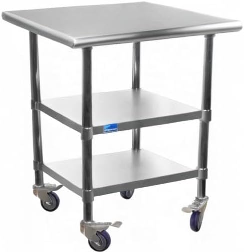 AmGood Stainless Steel Work Table with 2 Shelves and Casters | Metal Utility Table On Wheels (Stainless Steel Work Table with 2 Shelves + Casters, 24" Long x 18" Deep)