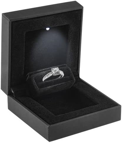 Allure - Slim Ring Box With LED Light, Square Shaped Elegant Flat Diamond Ring Case, Small, Black Velvet Interior Jewelry Display Gift Box For Unique Proposal, Engagement Or Wedding.