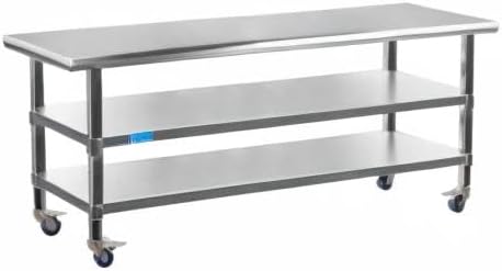 AmGood Stainless Steel Work Table with 2 Shelves and Casters | Metal Utility Table On Wheels (Stainless Steel Work Table with 2 Shelves + Casters, 60" Long x 30" Deep)