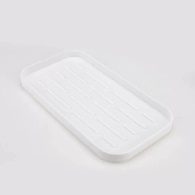 Silicone Organizer Tray, Soap and Sponge Holder for Kitchen Sink, Bathroom - Storage Tray for Dish Brush, Soap Dispenser, Dishwashing Accessories (White 10x5.3in)