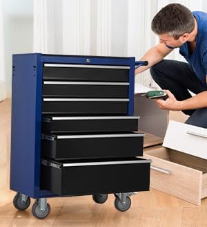 6-Drawer Rolling Tool Chest Cabinet, Large Capacity Metal Tool Box with Wheels and Locking, Roll Around Storage Organizer Tool Cart for Garage, Warehouse, Work Shop - Blue