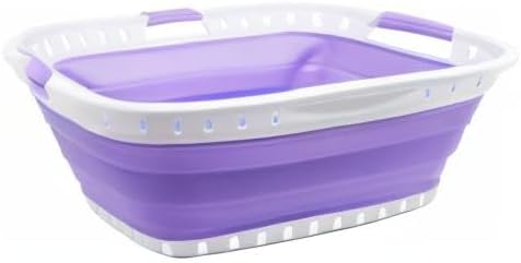 SAMMART 44L (11.62 gallon) Collapsible Plastic Laundry Basket - Foldable Pop Up Storage Container/Organizer - Portable Washing Tub - Space Saving Hamper/Basket (1, White/Lt. Purple)