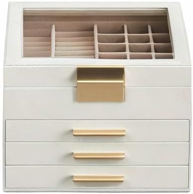 SONGMICS Jewelry Box Organizer with Glass Lid, 4-Layer Jewelry Storage, with 3 Drawers, Modern Style, Christmas Gift, 8 x 9.1 x 6.5 Inches, Cloud White and Gold Color UJBC173W01