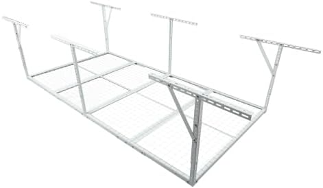 LuckyNote】4x8FT Overhead Garage Storage Rack, Heavy-Duty Metal Garage Ceiling Storage Rack, 22''-40" Adjustable Ceiling Drop-Down, 600 lb. Loading Weight Capacity, White Color