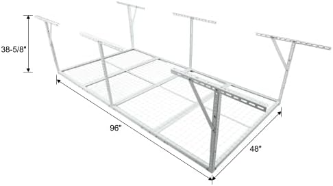 LuckyNote】4x8FT Overhead Garage Storage Rack, Heavy-Duty Metal Garage Ceiling Storage Rack, 22''-40" Adjustable Ceiling Drop-Down, 600 lb. Loading Weight Capacity, White Color