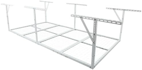 LuckyNote】4x8FT Overhead Garage Storage Rack, Heavy-Duty Metal Garage Ceiling Storage Rack, 22''-40" Adjustable Ceiling Drop-Down, 600 lb. Loading Weight Capacity, White Color