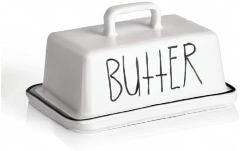 Sweejar Ceramic Butter Dish with Handle Lid, 7.3 Inch Porcelain Large Butter Keeper with Cover, Perfect for East/West Butter (White)