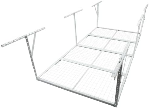LuckyNote】4x8FT Overhead Garage Storage Rack, Heavy-Duty Metal Garage Ceiling Storage Rack, 22''-40" Adjustable Ceiling Drop-Down, 600 lb. Loading Weight Capacity, White Color