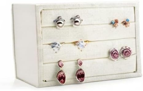Oirlv linen 3 Slots Ring Earrings Display Trays Showcase Jewelry Organizer (creamy-white,rectangle)