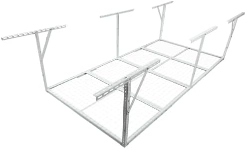 LuckyNote】4x8FT Overhead Garage Storage Rack, Heavy-Duty Metal Garage Ceiling Storage Rack, 22''-40" Adjustable Ceiling Drop-Down, 600 lb. Loading Weight Capacity, White Color