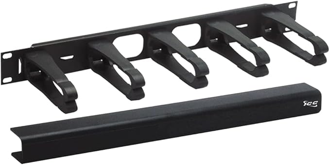ICC 1U Ring Cable Manager Panel with Cover, Plastic with Metal Back Frame, 4" D-Rings, Horizontal Cable Management, Rackmount for 19” Network Racks, Black, Single Pack