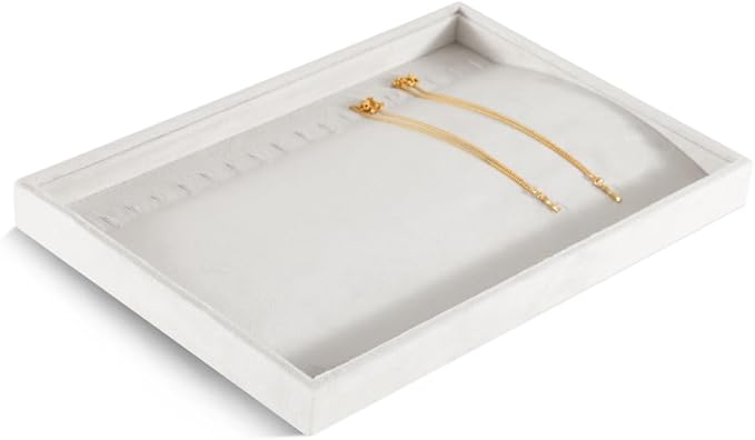 Velvet Jewelry Display Tray For Bracelet Pendant Necklace, Multi-Slot Stackable Storage Tray For Long Chain Jewelries, Drawer Insert Jewelry Organizer (White)