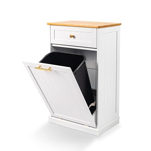 VINGLI Tilt Out Trash Cabinet, Garbage Can Cabinet with Drawer, 10 Gallon Movable/Freestanding Pet Proof Storage Organizer, Modern Trash Can Kitchen Cabinet, Living Room Storage, White