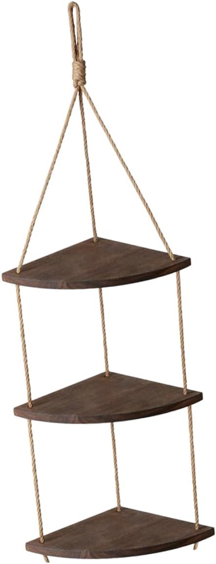 Vintage Fan-Shaped Wall Corner Hanging Shelf with Thick Rope Space-Saving Storage Rack for Plants Crafts Photos Rustic Brown Decorative Organizer for Bedroom Living Office