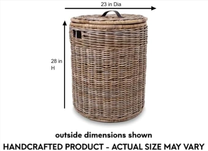 The Basket Lady Round Kubu Wicker Laundry Hamper, Extra Large, 23 in Dia x 28 in H, Serene Grey…