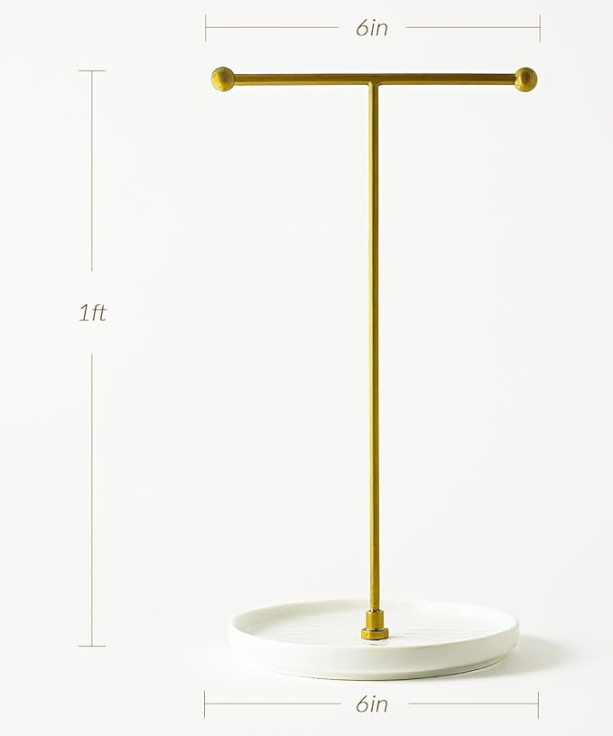 VROOMIUM Necklace Holder Stand - 6in Ceramic Base X 1ft Height, Aesthetic Decor for Bedroom, Jewelry Organizer for Necklace, Bracelets, Rings, Exhibidor de Collares- Classic White