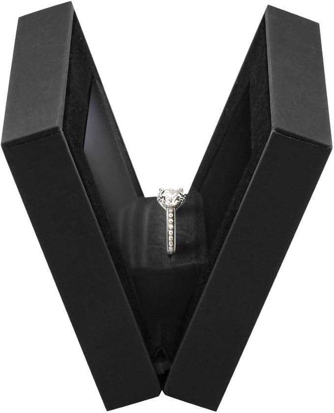 Allure - Slim Ring Box With LED Light, Square Shaped Elegant Flat Diamond Ring Case, Small, Black Velvet Interior Jewelry Display Gift Box For Unique Proposal, Engagement Or Wedding.