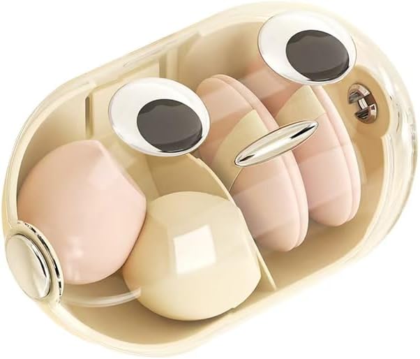 Makeup Sponge Storage Case Wall-Mounted No-Drill Makeup Sponge Holder 2-Tier With Cute Big-Eye Stickers (Cream White,1-Piece Set)