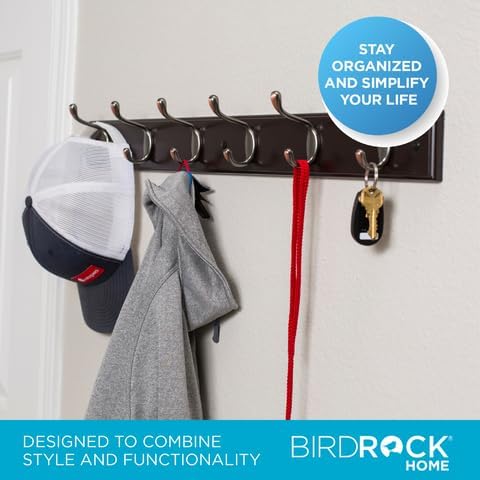 BIRDROCK HOME Oval Hook Coat and Hat Rack | 6 Hooks| Wall Mount | Brown Finish | Bronze Hooks