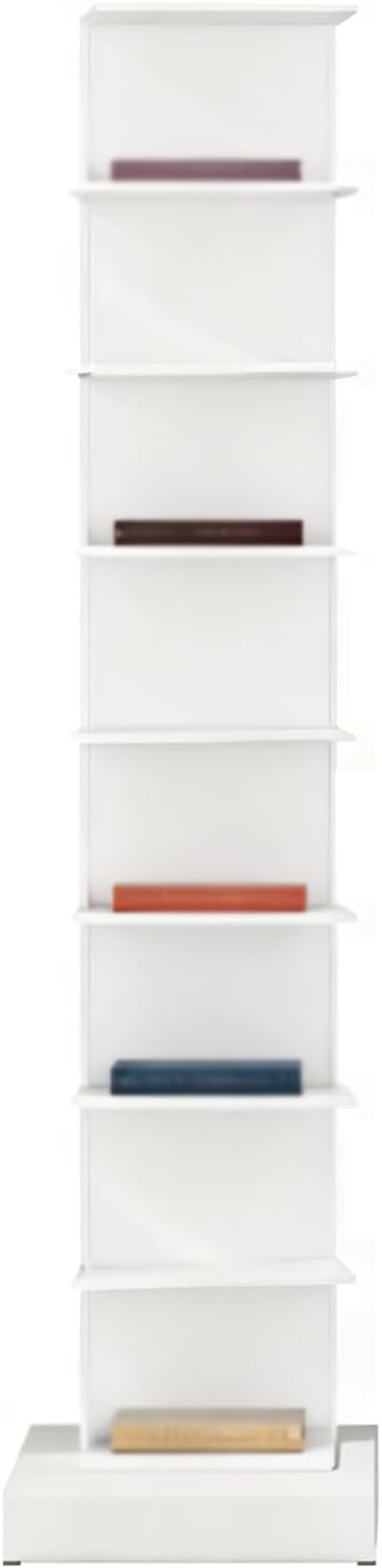 Invisible Vertical Spine Bookshelf Tower,Tall Narrow Metal Bookshelf for Small Space,Corner Floor Standing Book Organizers for Living Room, Office, Entryway(8 Tier, White)