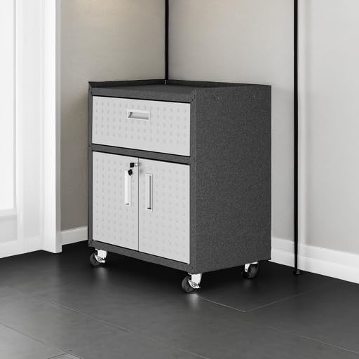 Manhattan Comfort Fortress Textured Metal 31.5" Garage Mobile Cabinet with 1 Full Extension Drawer and 2 Adjustable Shelves, Black/Gray
