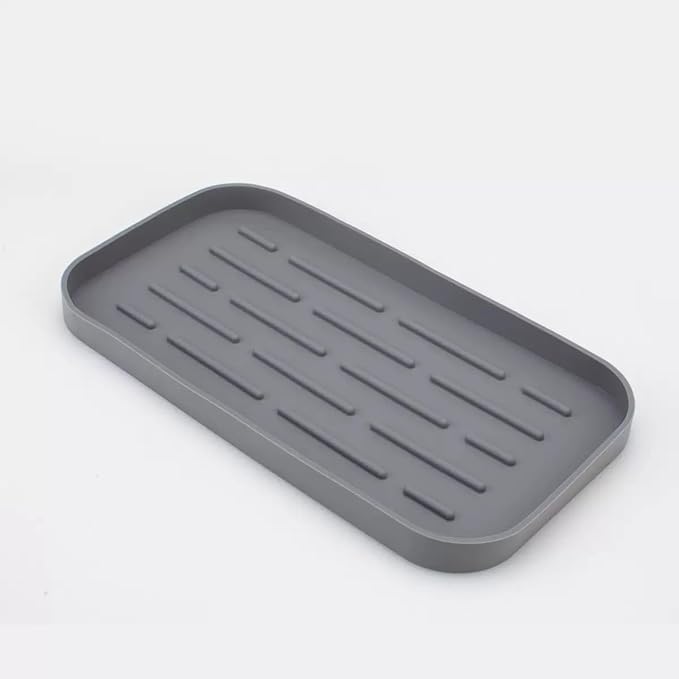 Silicone Organizer Tray, Soap and Sponge Holder for Kitchen Sink, Bathroom - Storage Tray for Dish Brush, Soap Dispenser, Dishwashing Accessories (Gray 10x5.3in)