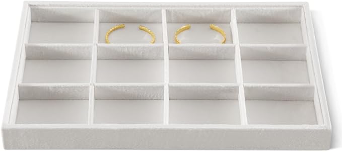 Velvet Stackable Jewelry Display Tray, 12 Grid Watch Bangle Bracelet Storage Tray, Makeup Drawer Insert Jewelry Shop Organizer Plate (White)