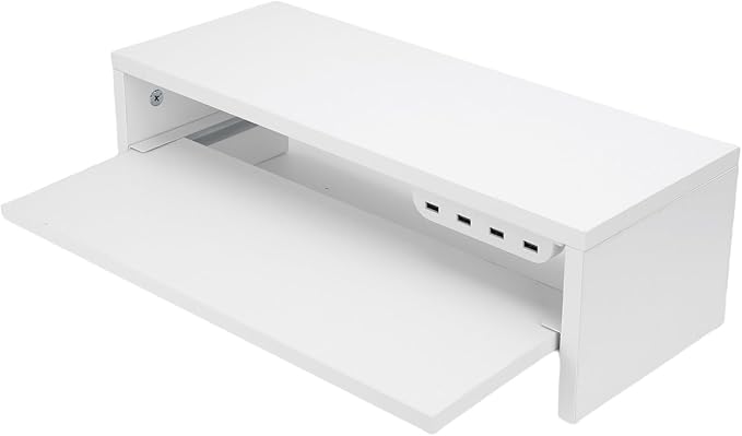 BAFOVY Desktop Monitor Stand Riser with USB Hub and Drawer, 20-Inch Wooden Desk Organizer for Laptop and Computer Screens, 15cm Height Adjustable Solution (Milk White)