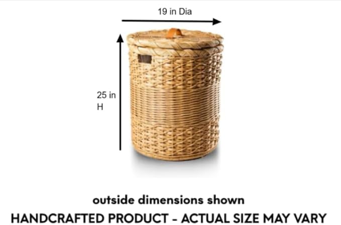 The Basket Lady Round Wicker Laundry Hamper, Large, 19 in Dia x 25 in H, Sandstone