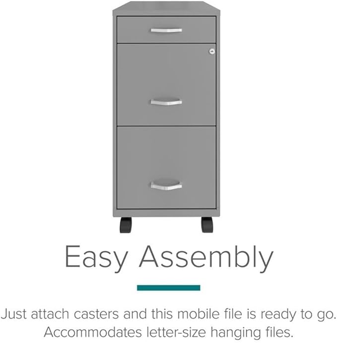 Pemberly Row 3 Drawers 29.52" Vertical Silver Metal Filing Cabinet Lockable Pre-Assembled Movable Legal/Letter Size for Home, Office