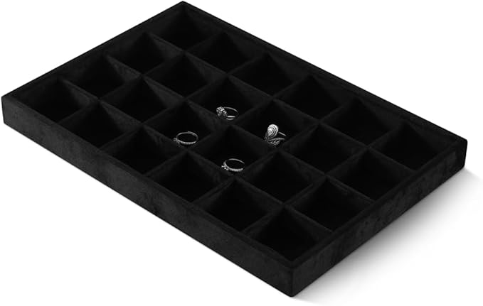 Velvet Stackable Jewelry Display Tray, 24 Grid Earring Ring Storage Tray, Drawer Divider Jewelry Accessories Organizer Plate (Black)