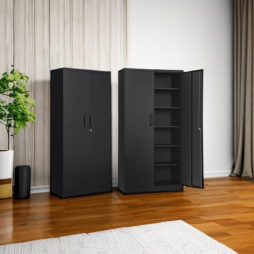 Metal Storage Cabinet with 2 Doors and 6 Shelves,Black Metal Cabinet with Lock,71" Lockable Garage Storage Cabinets,Locking File Cabinet,Steel Tool Cabinets for Home,Office,Garage,Shop,School