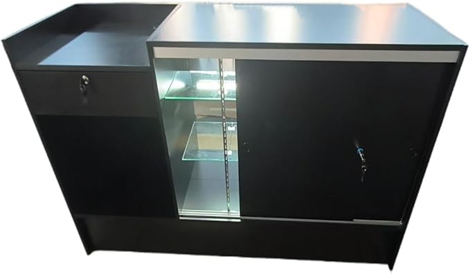 Only Hangers Register Stand with Counter Space and Retail Glass Showcase Display - with LED Lights - 72" (Black)