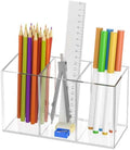 Uniclife Clear Acrylic Pen Holder for Desk, Plastic Pencil Holder Pen Organizer with 3 Compartments, Desktop Stationery Organizer for Office Home School, Vertical Makeup Brush Holder, 6.8" x 3" x 4"