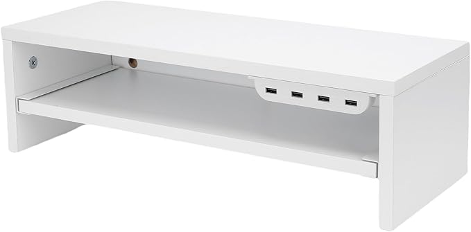 BAFOVY Desktop Monitor Stand Riser with USB Hub and Drawer, 20-Inch Wooden Desk Organizer for Laptop and Computer Screens, 15cm Height Adjustable Solution (Milk White)