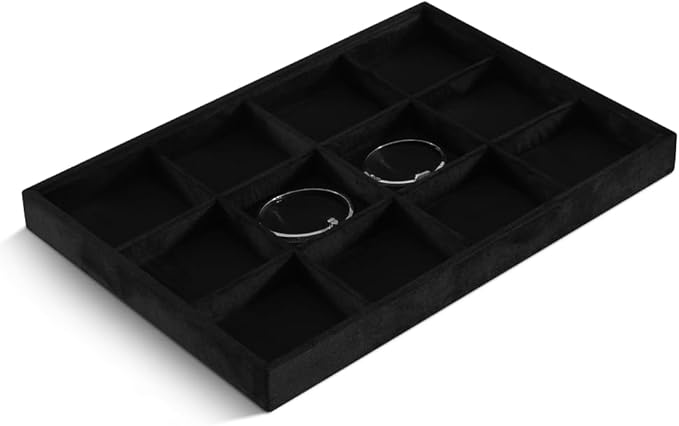Velvet Stackable Jewelry Display Tray, 12 Grid Watch Bangle Bracelet Storage Tray, Makeup Drawer Insert Jewelry Shop Organizer Plate (Black)