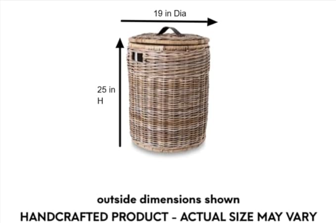 The Basket Lady Round Wicker Laundry Hamper, Large, 19 in Dia x 25 in H, Serene Grey…