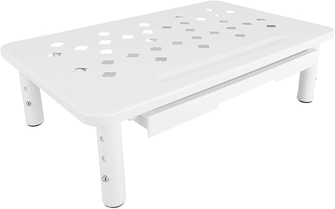 Denash Desktop Computer Riser Stand with Drawer, 3 Adjustable Height Metal Monitor Stand, 20KG Capacity Laptop Shelf for Workspace Organization (White)