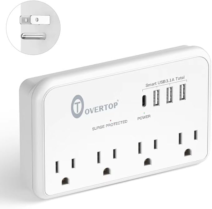 Overtop Wall Outlet Extender Surge Protector with 4 AC Outlets, 4 USB Ports(1 USB C) Multi Plug Expander Charger for Home, Dorm, Classroom, Travel