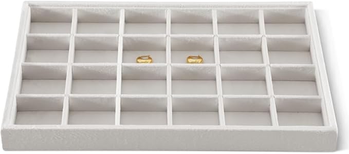 Velvet Stackable Jewelry Display Tray, 24 Grid Earring Ring Storage Tray, Drawer Divider Jewelry Accessories Organizer Plate (White)