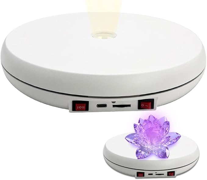 JAYEGT Motorized Rotating Display Stand with LED Light , 10 inch /55lbs Load, 360 Degree Electronic Turntable Display Stand for Photography Products Shows, Jewelry, Watch, 3D Models, Cake (White)