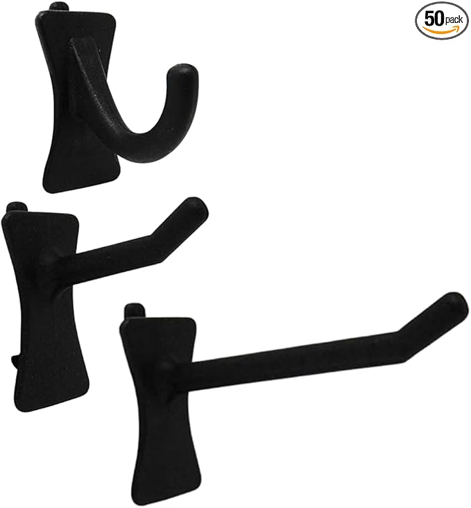 PegPro® J, 1", 2" Hooks Kit for Standard “Wood Fiber” pegboard – Durable Plastic Pegboard Hooks - for Garage, Kitchen, Craft Room, and More (J, 1", 2" Hook - 50 Pack, Black)