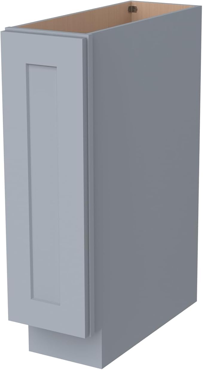 Solid Wood RTA Tray Base Cabinet with Full Height Door & Adjustable Shelf – Shaker Style Kitchen Storage Organizer, Durable Plywood Construction, Easy Assembly 9”W x 24”D x 34.5”H (Grey)