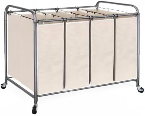 STO STO Laundry Sorter 4 Section, 4 Bag Laundry Hamper, Rolling Laundry Cart, Laundry Basket with Heavy Duty Lockable Wheels and Removable Bag for Clothes Storage, Beige